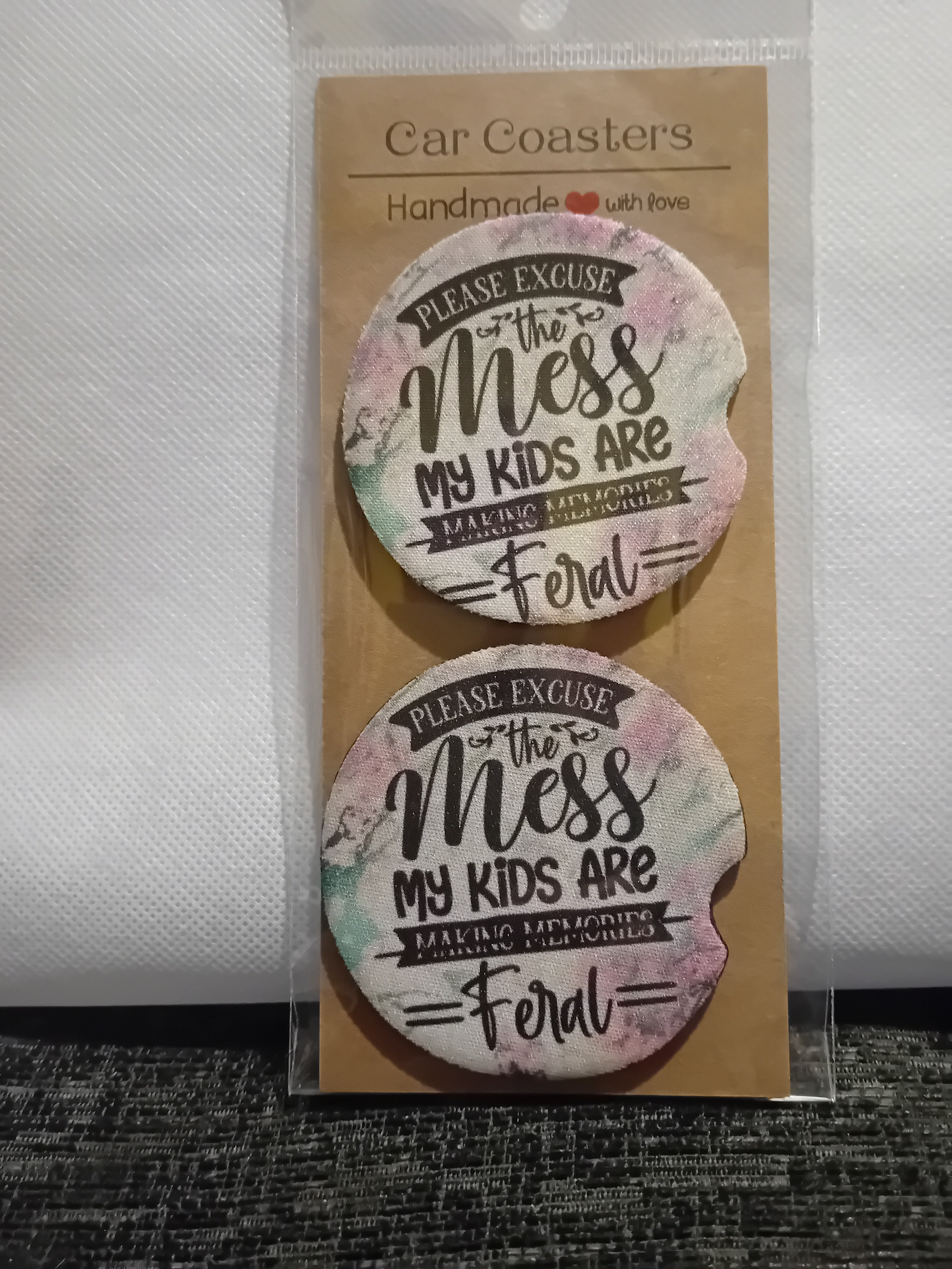 Car coasters - please excuse the mess my kids are feral image 0