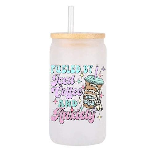 Frosted glass tumbler - fueled by iced coffee and anxiety  image 0