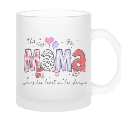 frosted glass mug - this mama wears her heart on her sleeve image 0