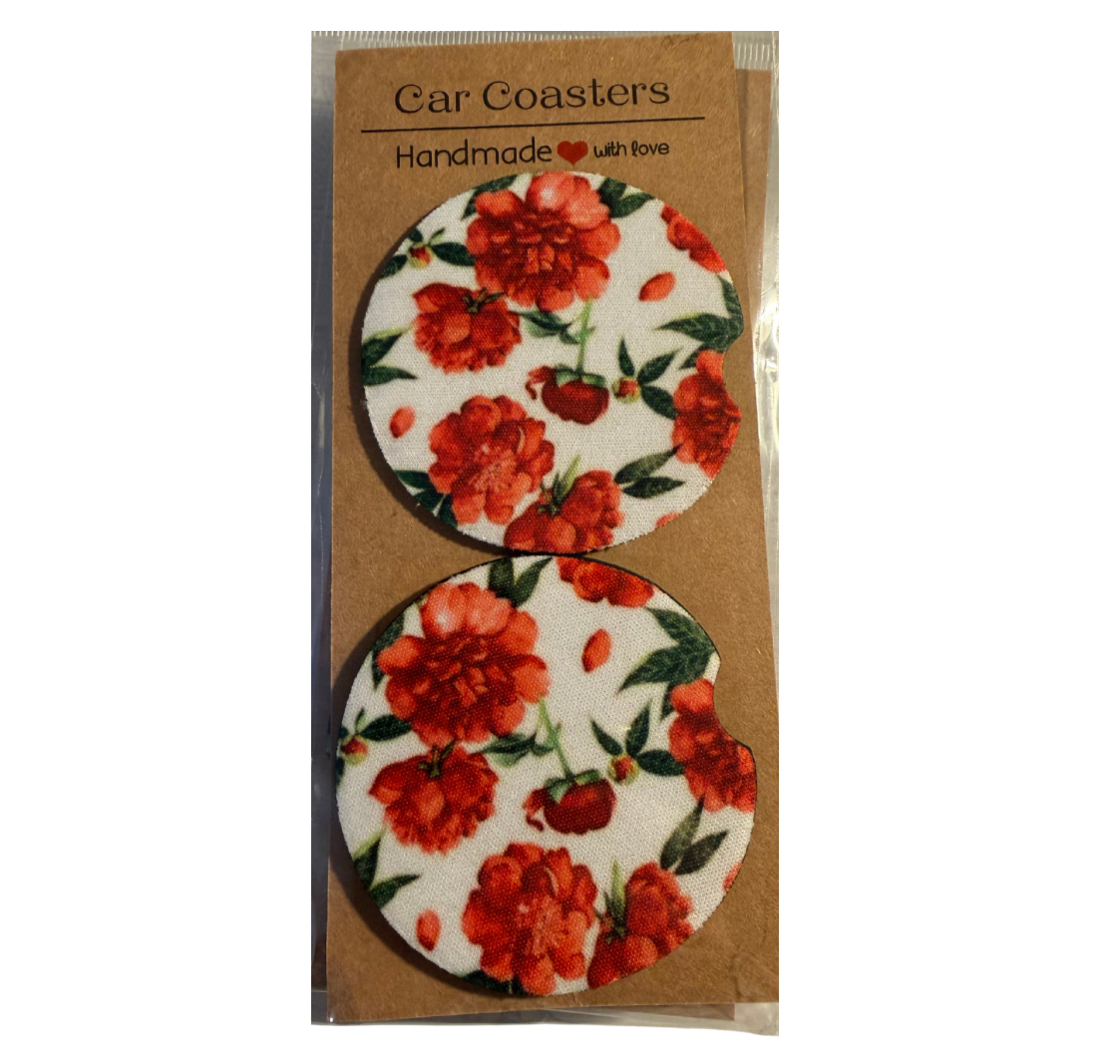 red flowers car coasters